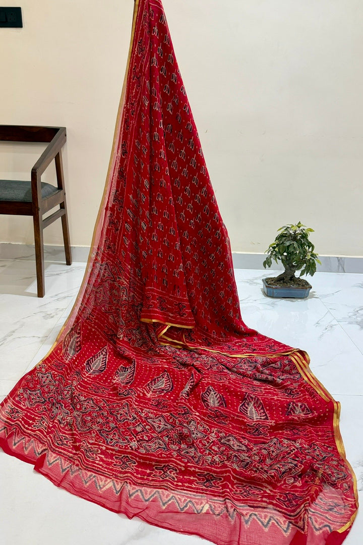 Ruby Red Mosaic Handblock Print Double Diamond Chiffon Saree