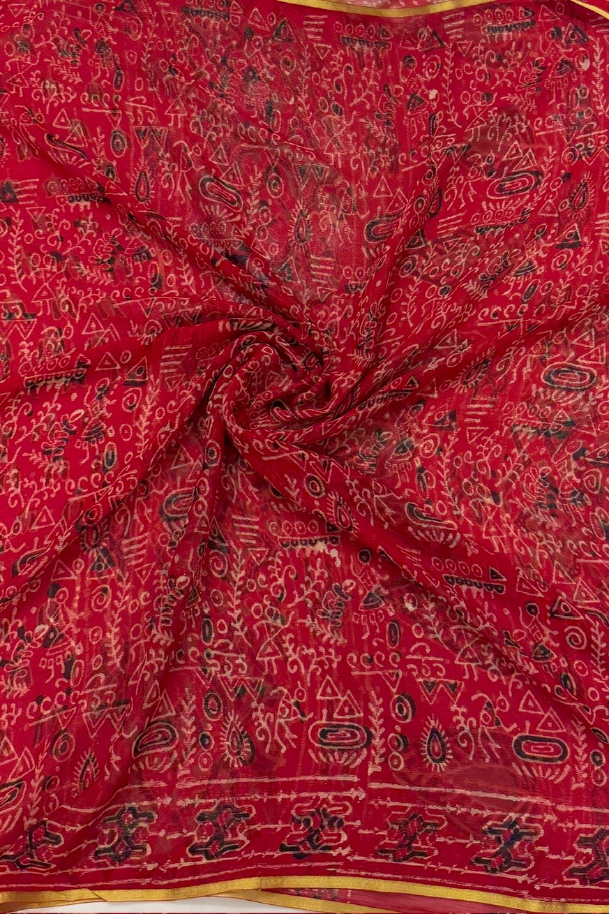 Ruby Red Mosaic Handblock Print Double Diamond Chiffon Saree