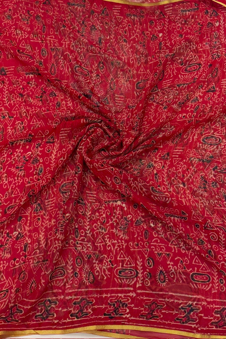 Ruby Red Mosaic Handblock Print Double Diamond Chiffon Saree