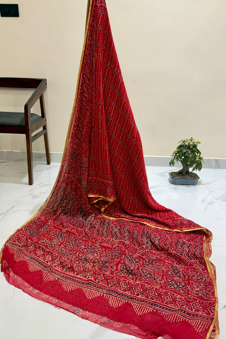 Scarlet Ethnic ajrakhHandblock Print Double Diamond Chiffon Saree