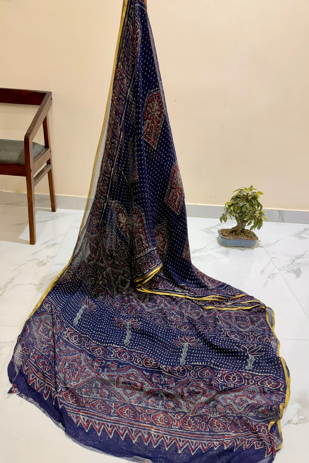 Indigo Mystic Artisan Handblock Print Double Diamond Chiffon Saree
