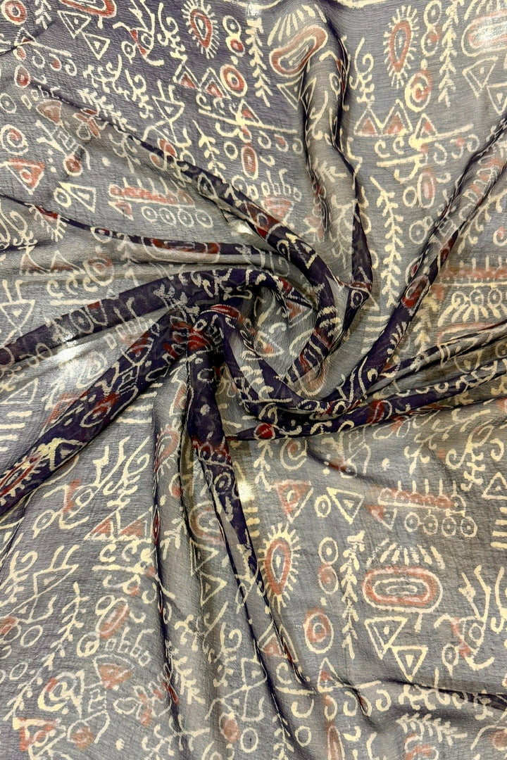 Indigo Mystic Artisan Handblock Print Double Diamond Chiffon Saree