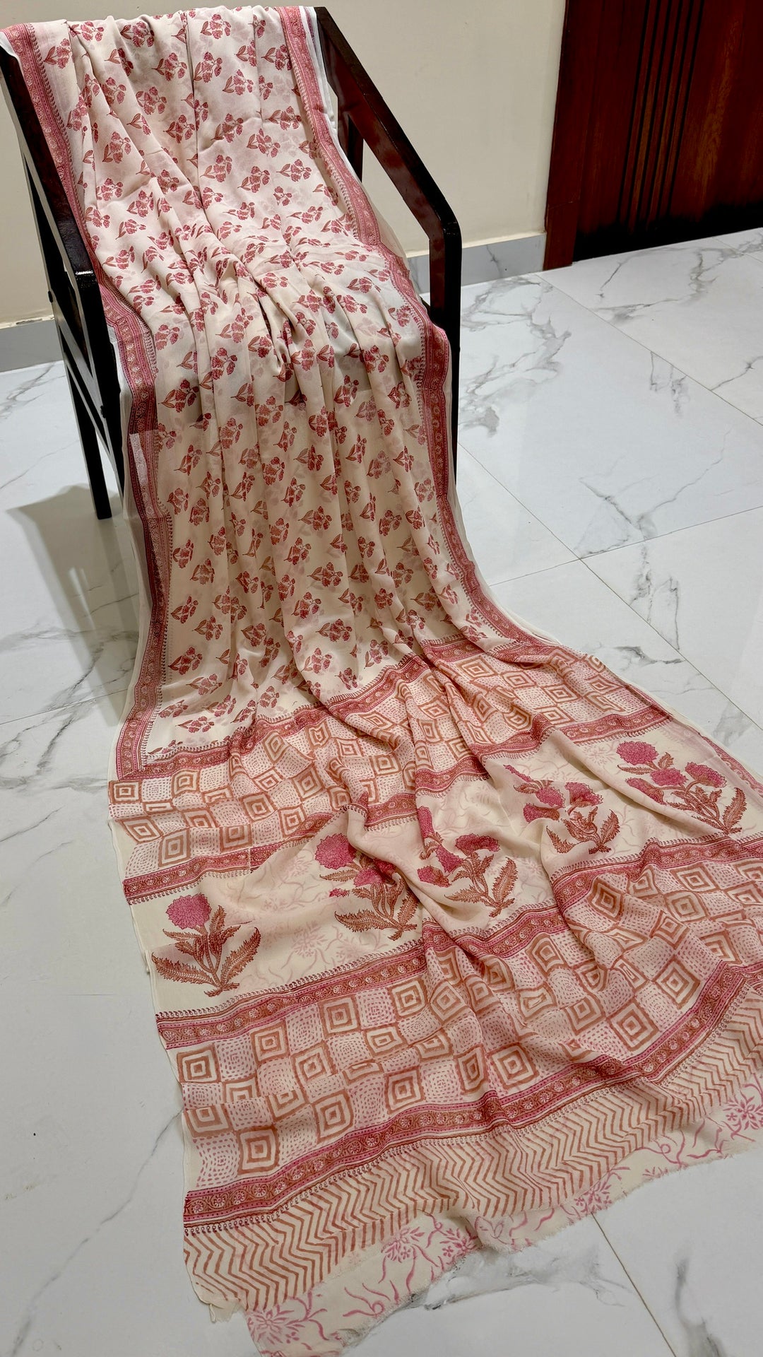 Rose Pink Handblock Printed Georgette Saree with Geometric Border