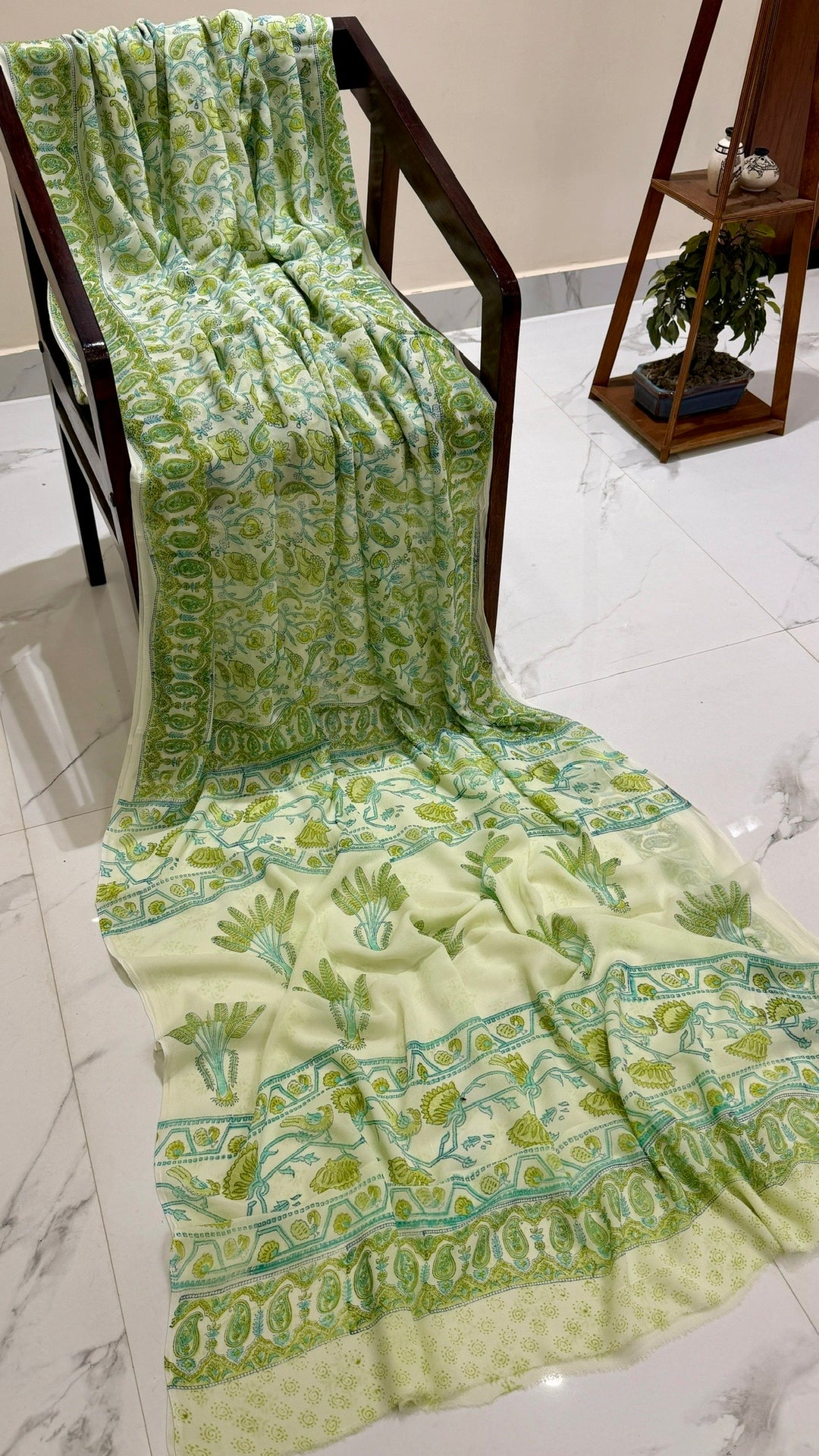 Mint Green Handblock Printed Georgette Saree with Paisley Motifs