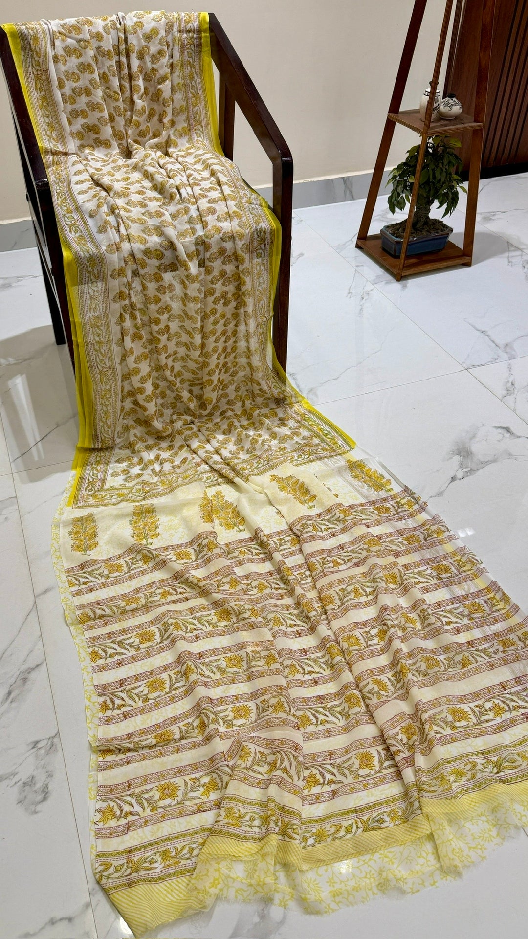 Mustard Yellow Handblock Printed Georgette Saree with Striped Pallu