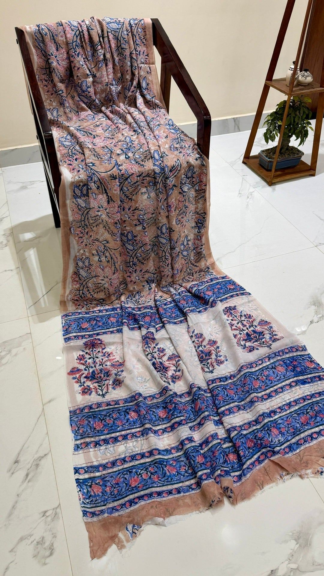 Blush Peach & Indigo Blue Handblock Printed Georgette Saree