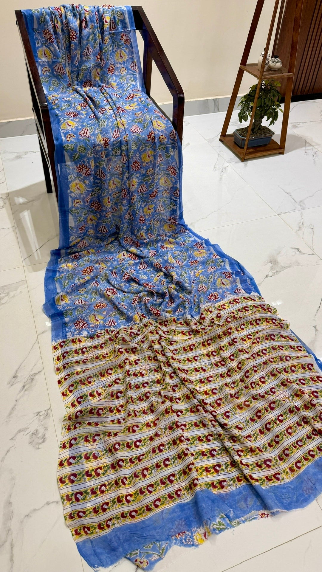 Bright Sky Blue Handblock Printed Georgette Saree with Multicolored Bootis