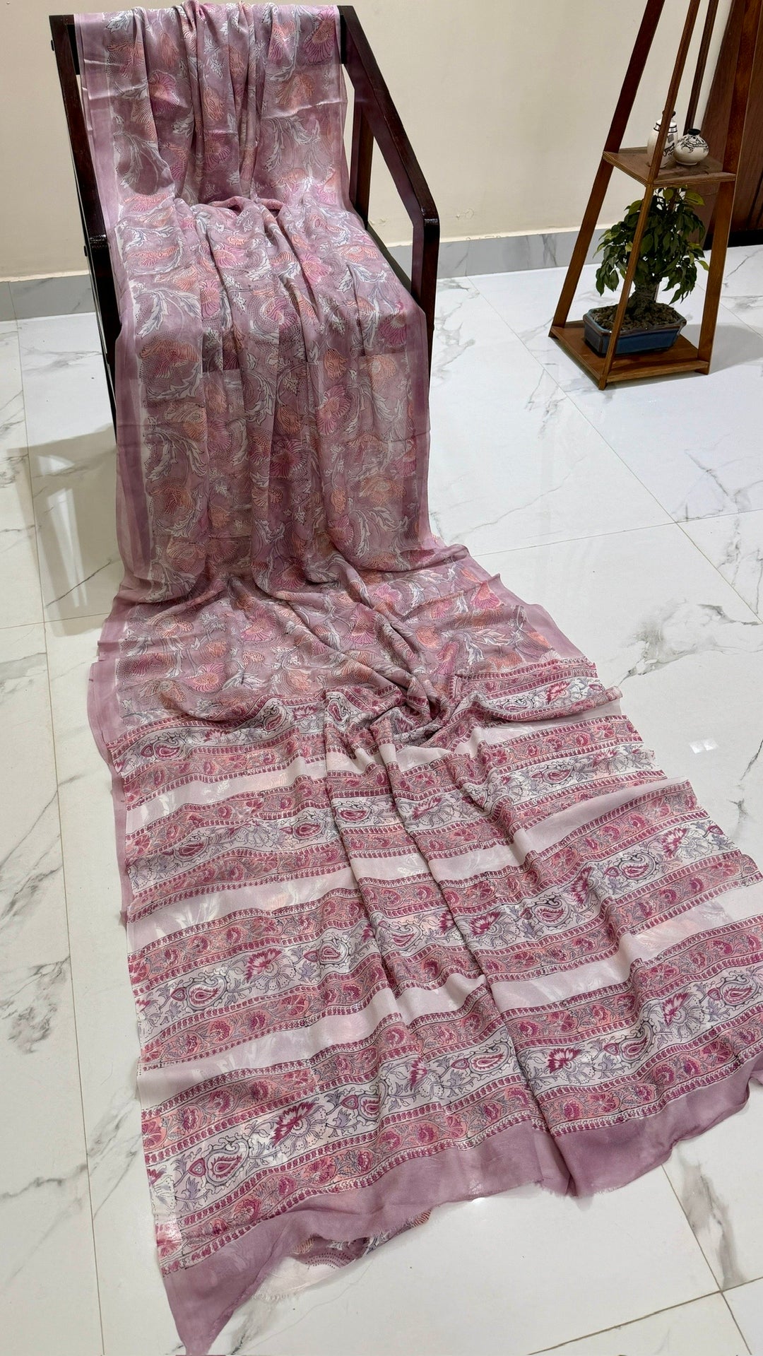 Lavender & Dusty Pink Handblock Printed Georgette Saree with Paisley Border