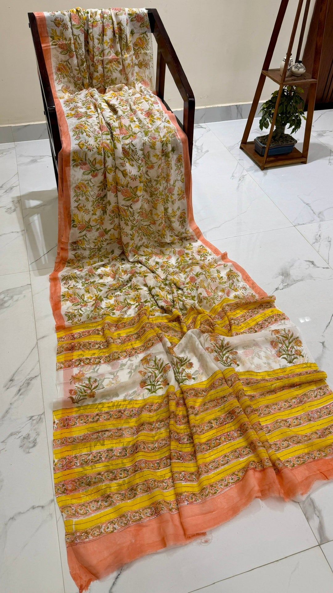 White & Peach Georgette Saree with Yellow Handblock Floral Vines