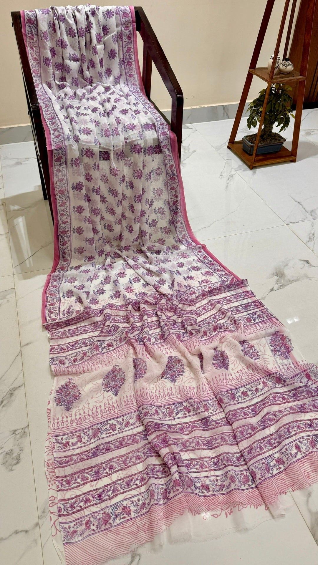 White & Orchid Purple Handblock Printed Georgette Saree with Floral Bootis