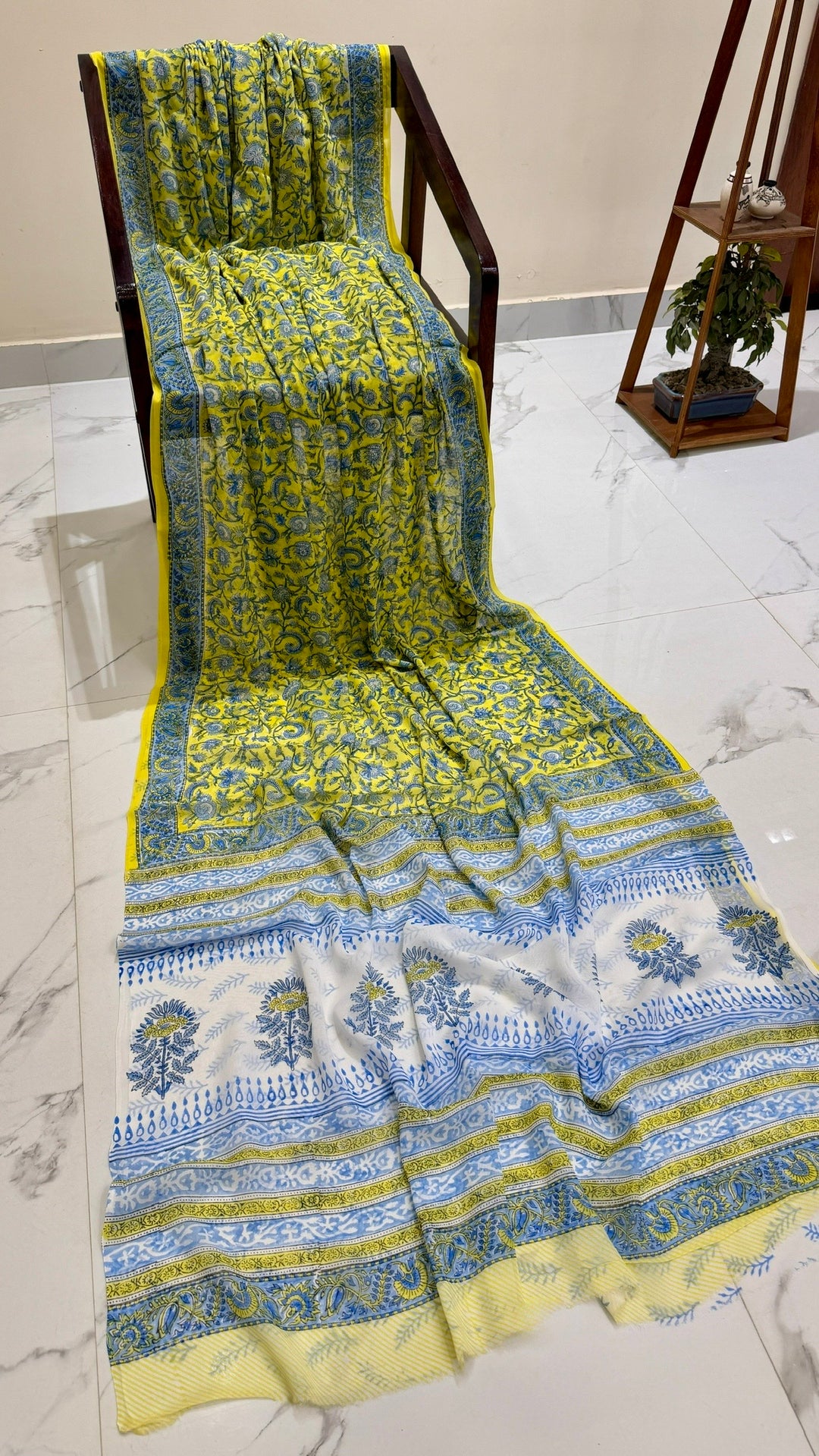 Lemon Yellow & Blue Handblock Printed Georgette Saree with All-Over Jaal