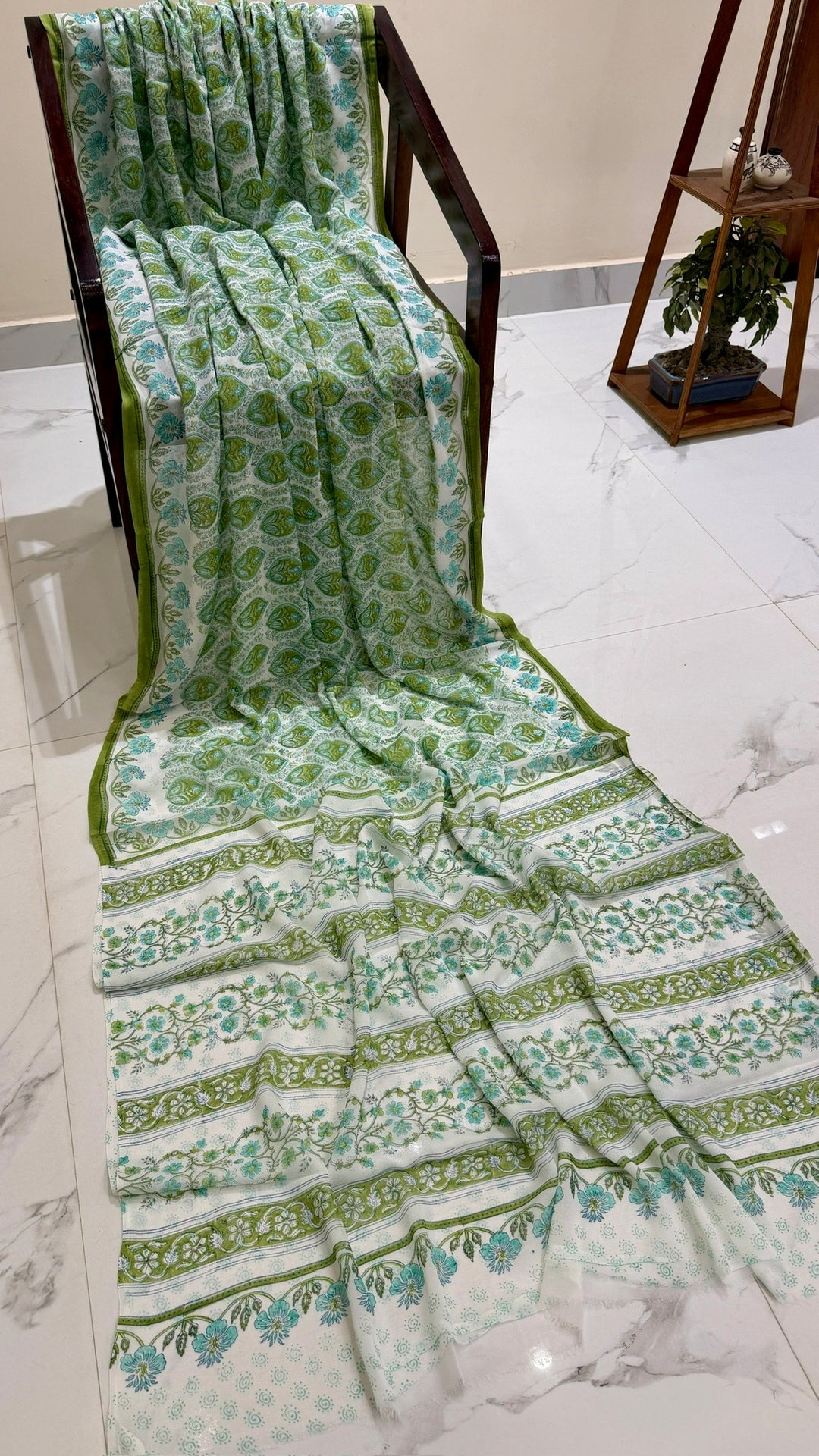 Mint Green and Turquoise Handblock Printed Georgette Saree with Floral Jaal