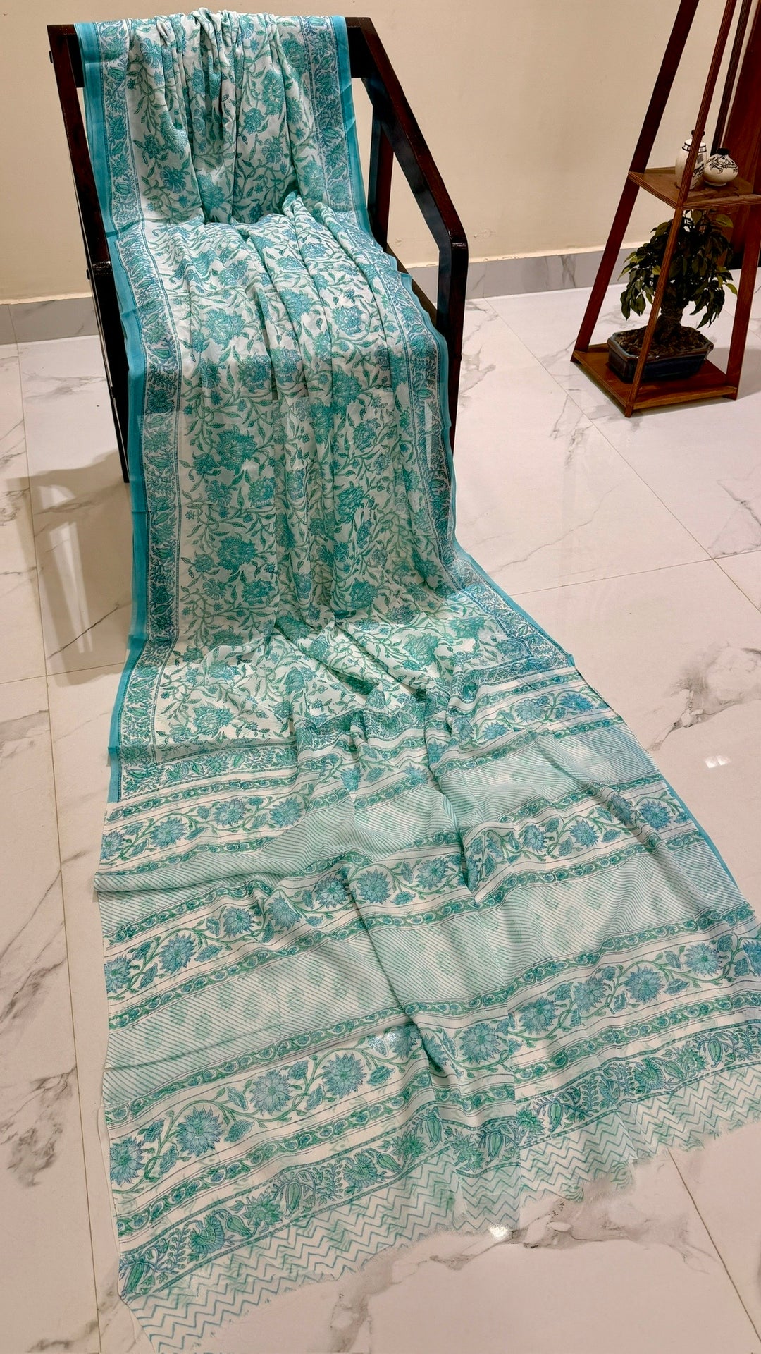 Ocean Turquoise Handblock Printed Georgette Saree with All-Over Floral Vine Print