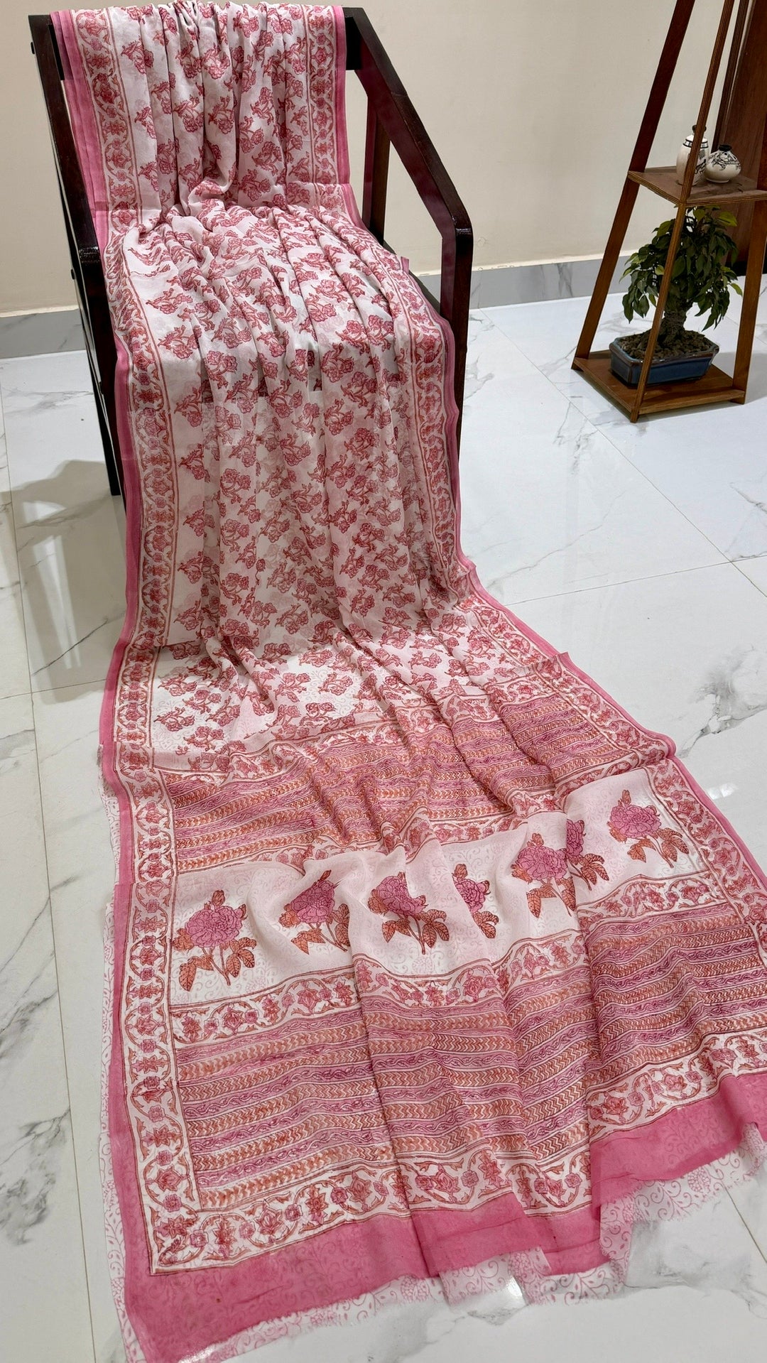 Pastel Rose Pink Handblock Printed Georgette Saree with Elegant Boota Pallu