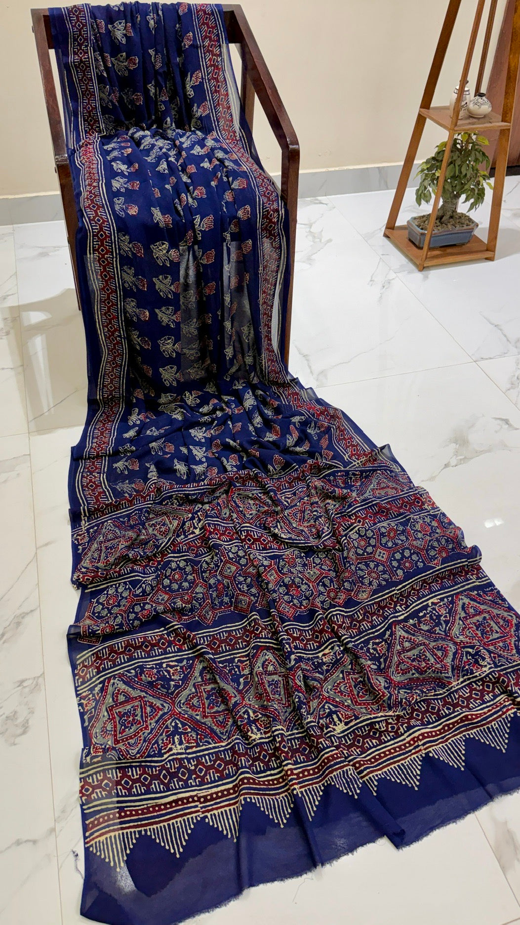 Deep Indigo Blue Ajrakh Handblock Printed Georgette Saree with Geometric Borders
