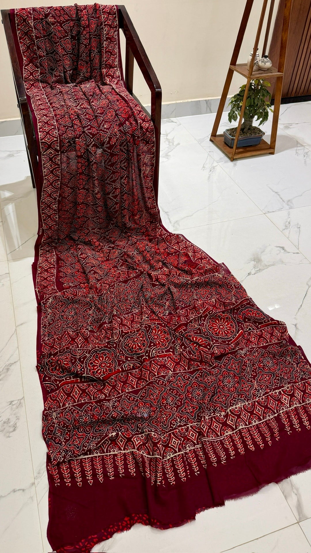 Crimson Burgundy Ajrakh Handblock Printed Georgette Saree with Traditional Motifs