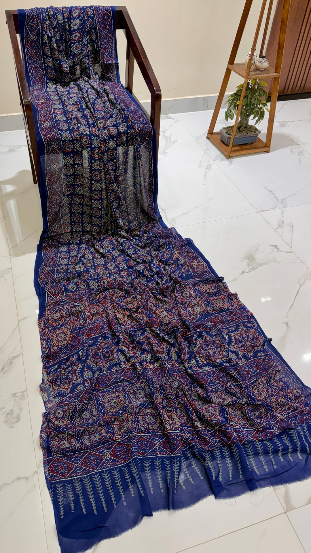 Royal Navy Blue Ajrakh Handblock Printed Georgette Saree with Intricate Patterning