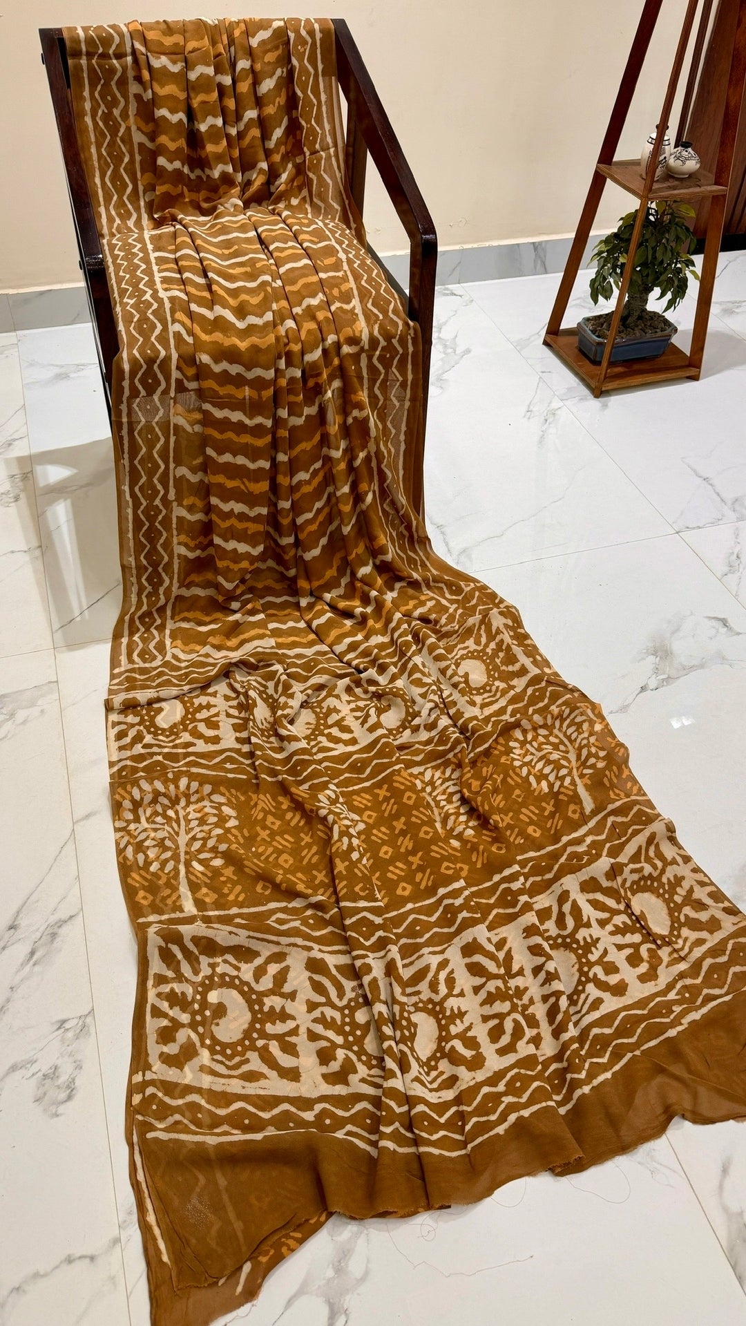 Mustard Mustard and White Dabu Handblock Printed Georgette Saree with Tree-of-Life Pallu