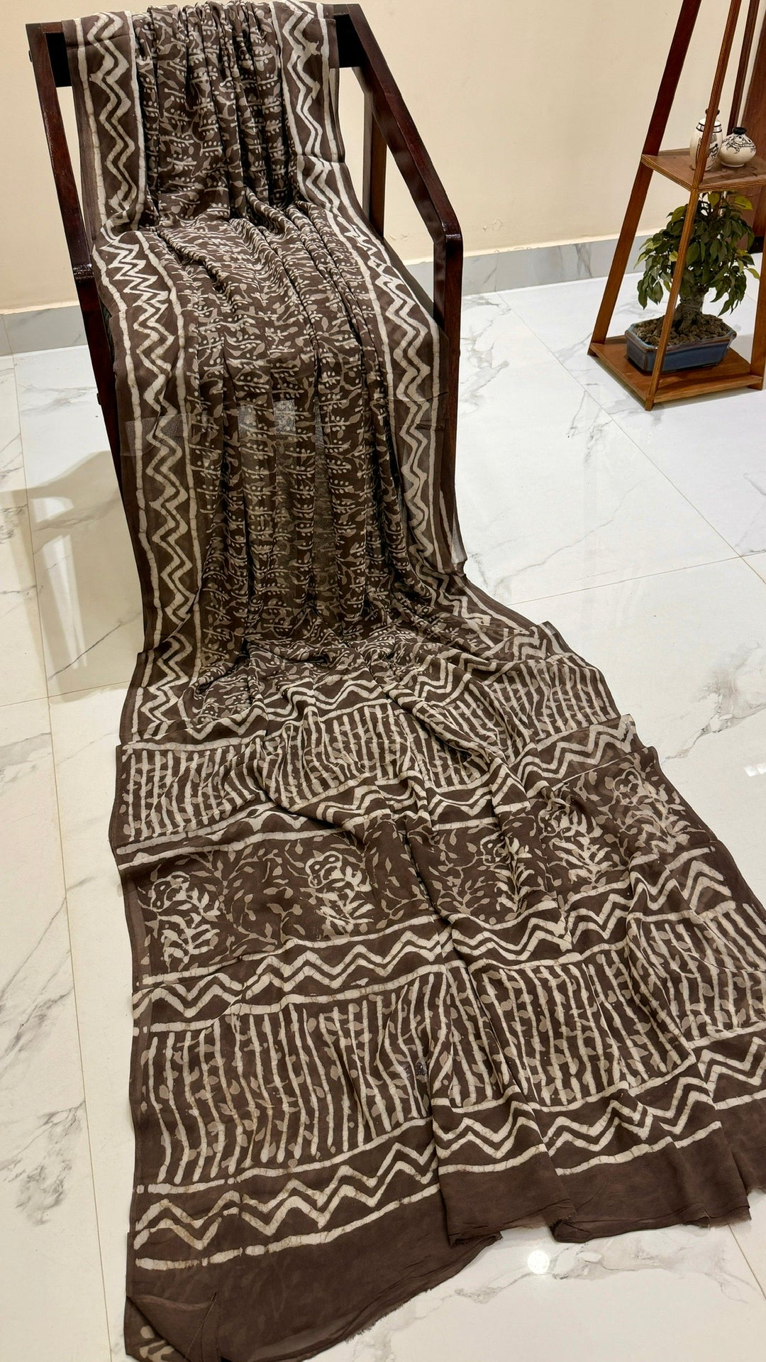 Charcoal Earthy Brown Dabu Handblock Printed Georgette Saree with Zig-Zag Borders