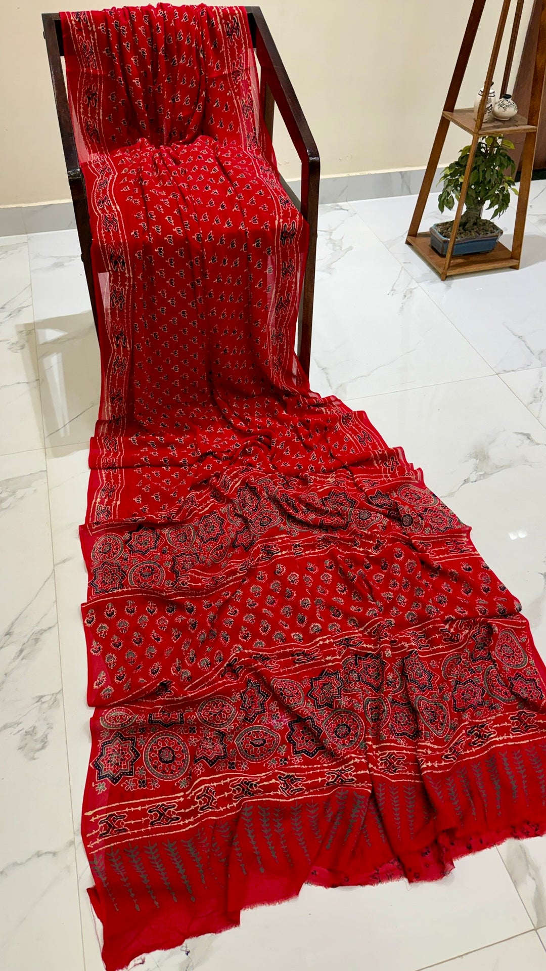Scarlet Red Ajrakh Handblock Printed Georgette Saree with Detailed Lagdi Patta Style Pallu