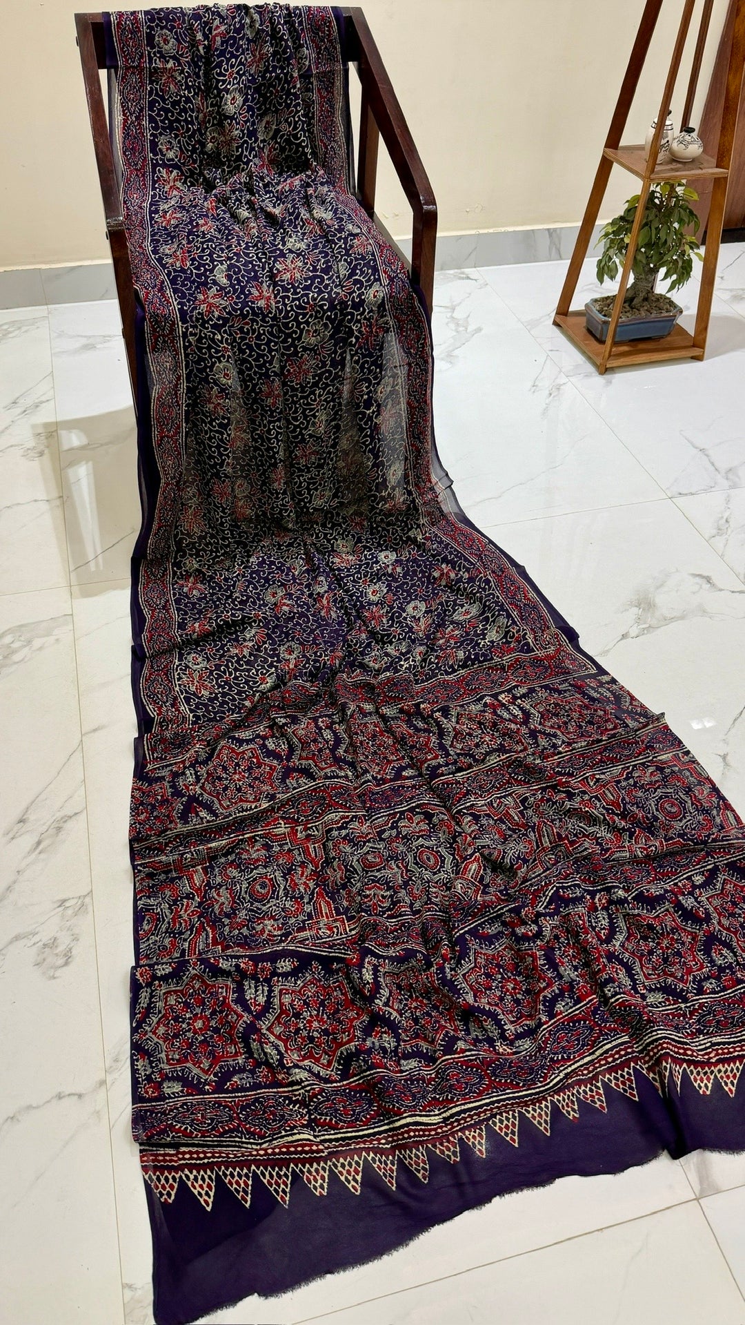 Midnight Blue and Wine Ajrakh Handblock Printed Georgette Saree with Heritage Geometric Mandalas