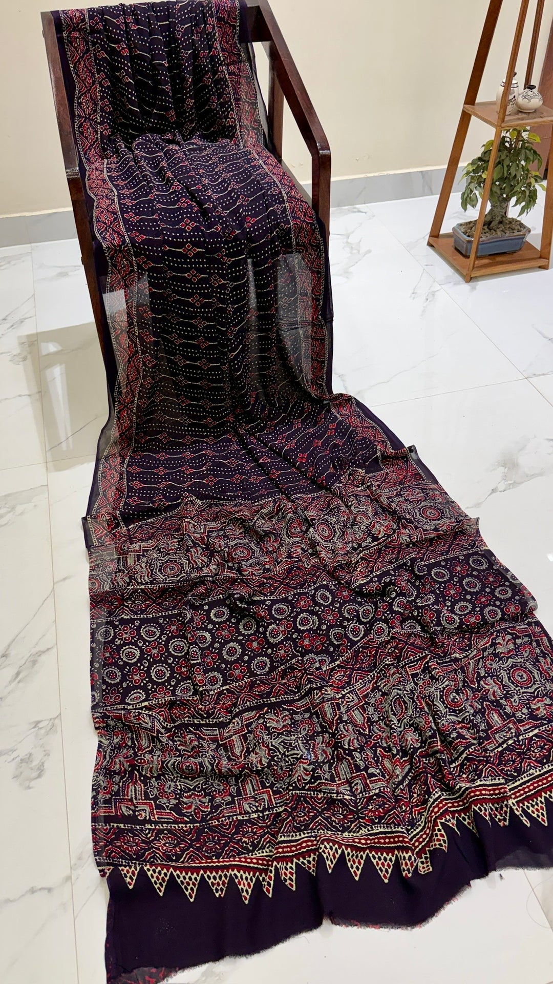 Premium Wine Purple Handblock Printed Georgette Saree | Traditional Ajrakh Inspired Floral and Geometric Motifs