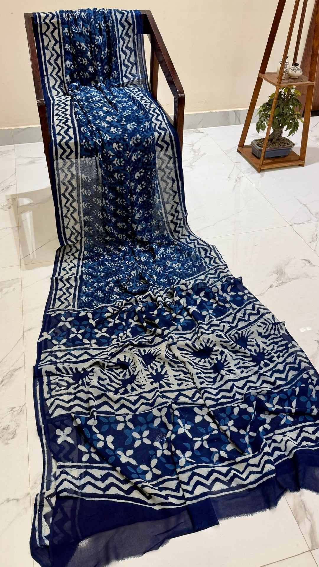 Indigo Blue Handblock Printed Georgette Saree | Classic White Chevron Zig-Zag and Floral Pattern