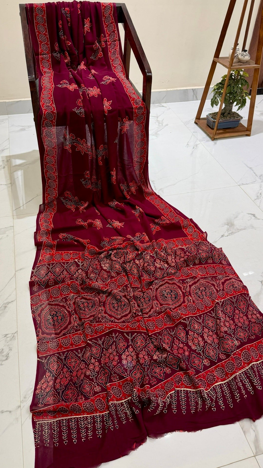 Deep Maroon Handblock Printed Georgette Saree | Elegant Red Floral Creeper Border and Traditional Buti Print