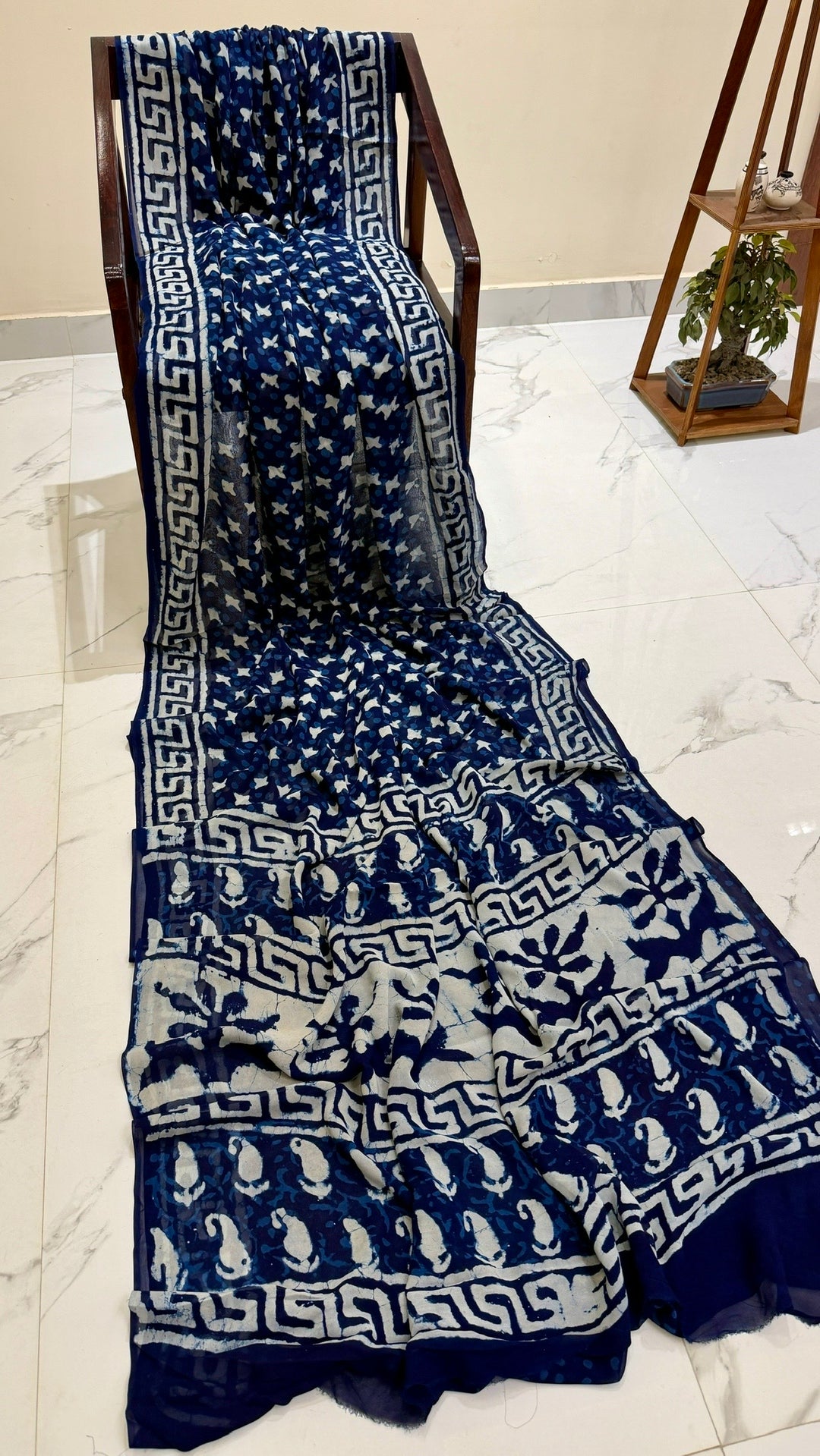 Midnight Indigo Blue Handblock Printed Georgette Saree | Greek Key Geometric Border with Traditional Paisley Motifs