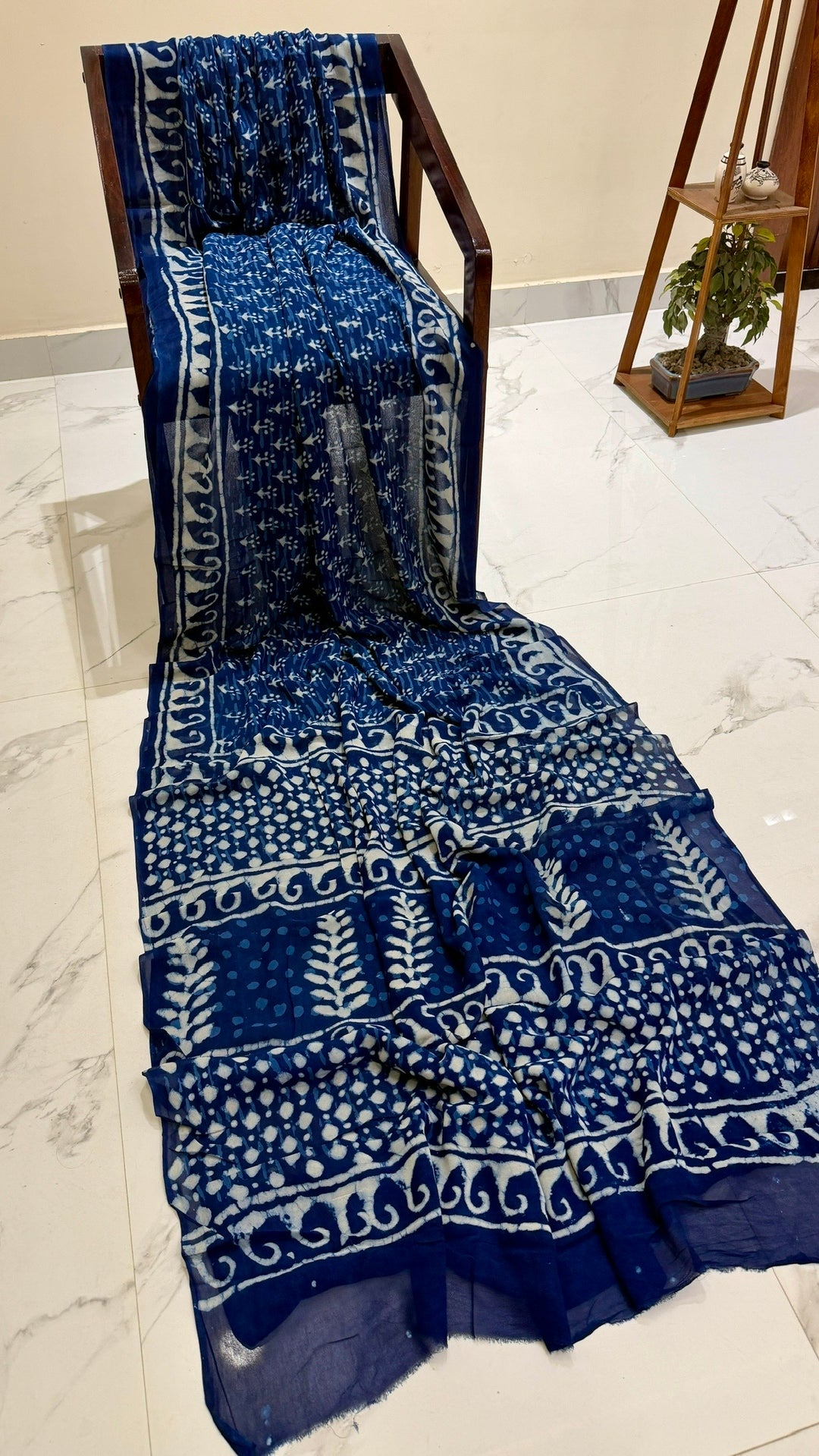 Classic Indigo Blue Handblock Printed Georgette Saree | Intricate White Trellis and Chevron Geometric Patterns