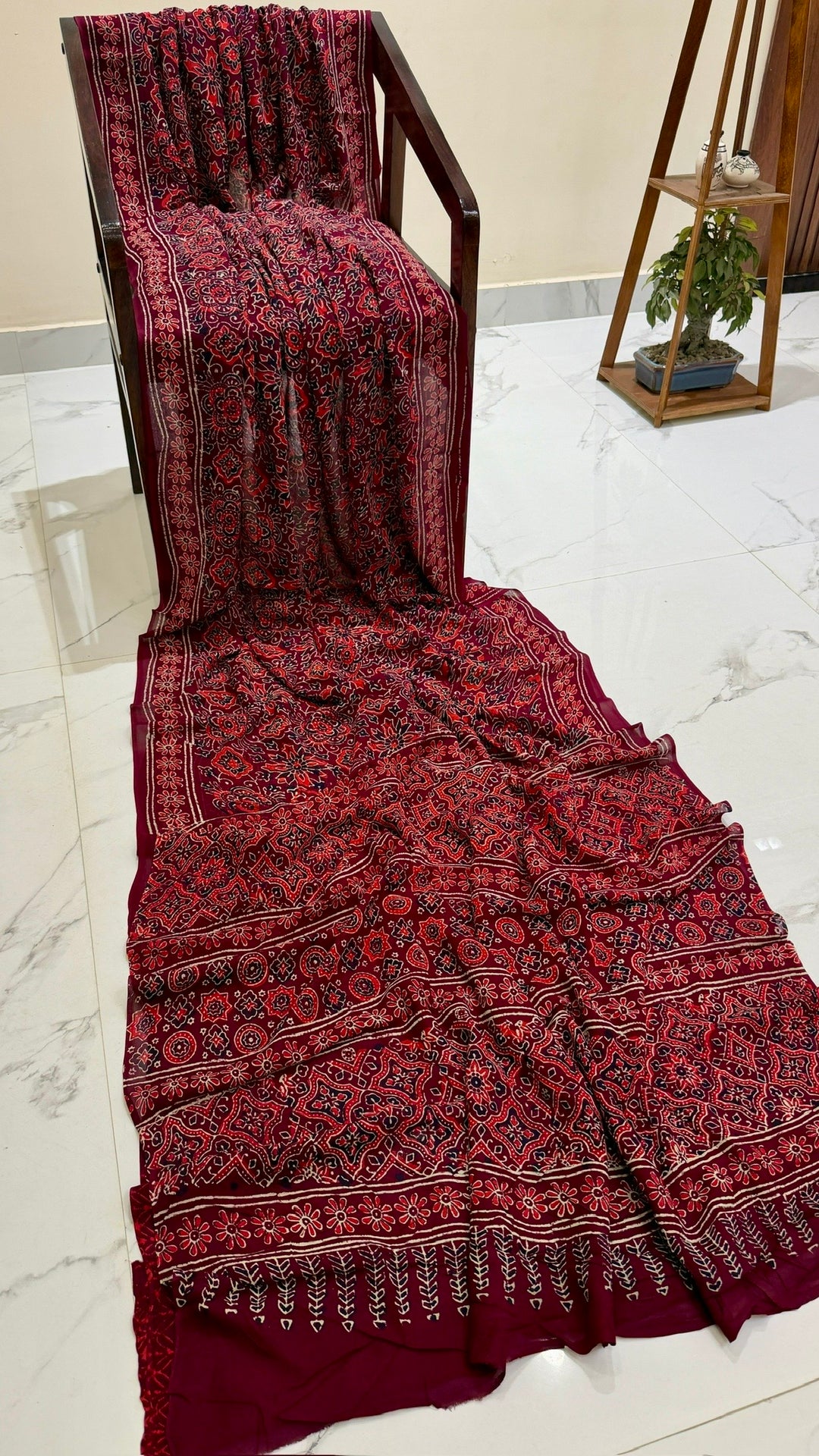 Dark Wine Red Handblock Printed Georgette Saree | All-Over Traditional Ajrakh Inspired Jaal Print and Floral Border
