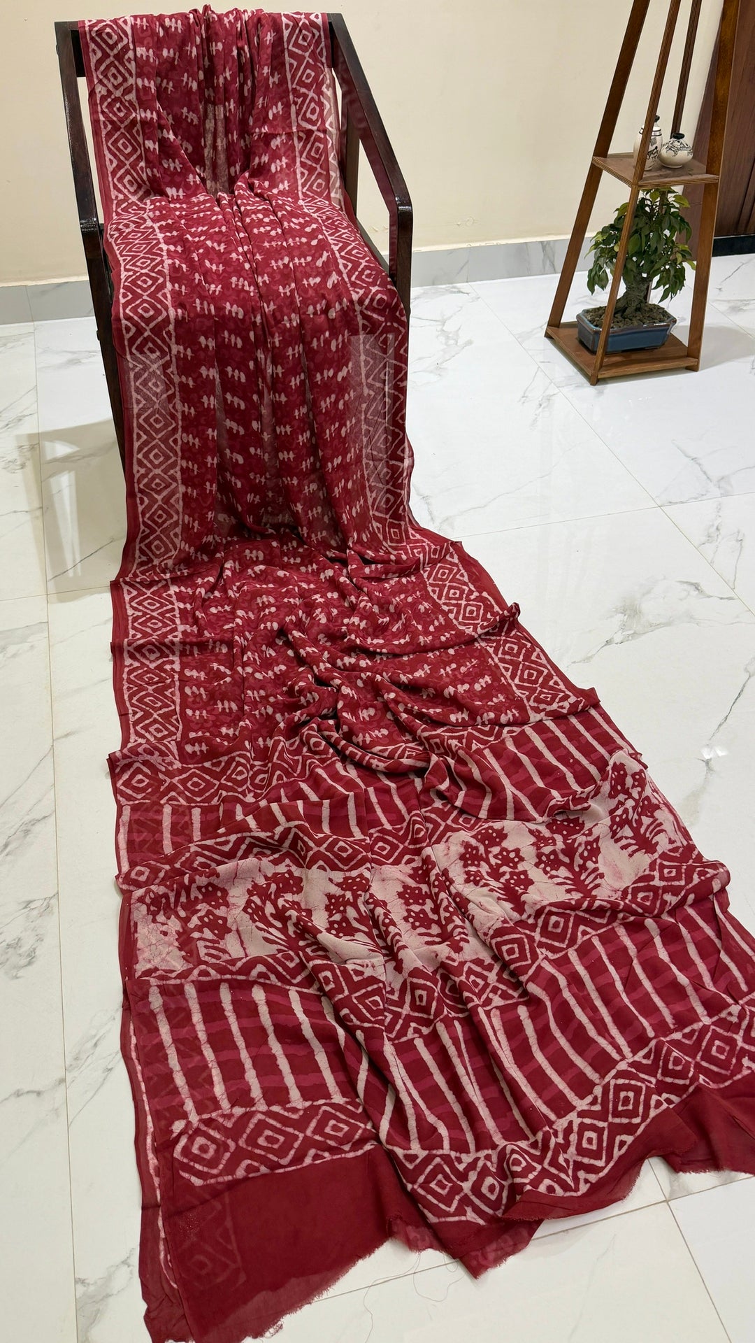 Brick Red Handblock Printed Georgette Saree | Contemporary Diamond Geometric and Abstract Textured Pattern