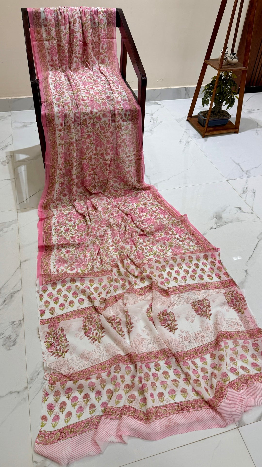 White and Pink Floral Handblock Printed Georgette Saree