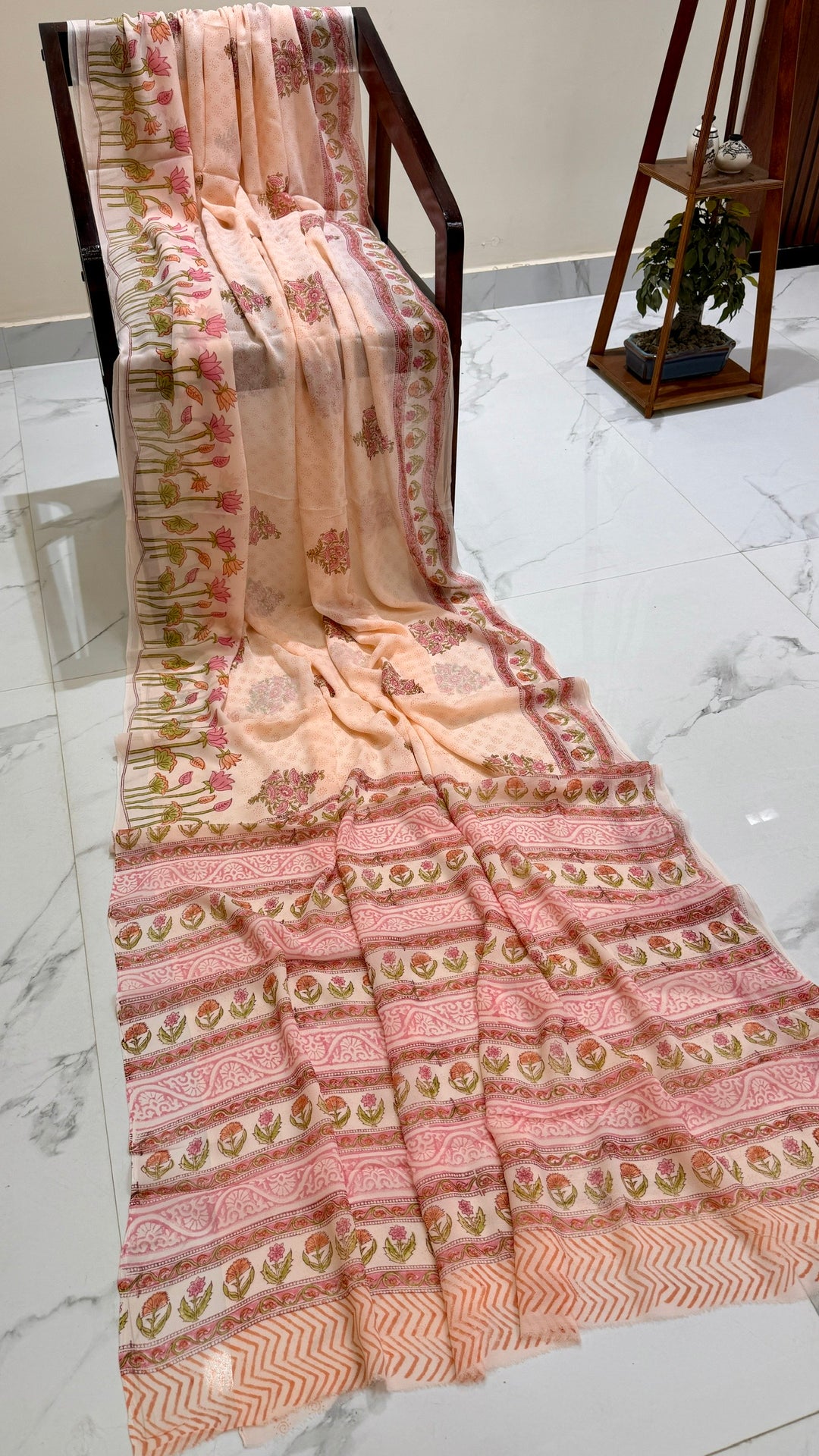 Peach Lotus Motif Handblock Printed Georgette Saree