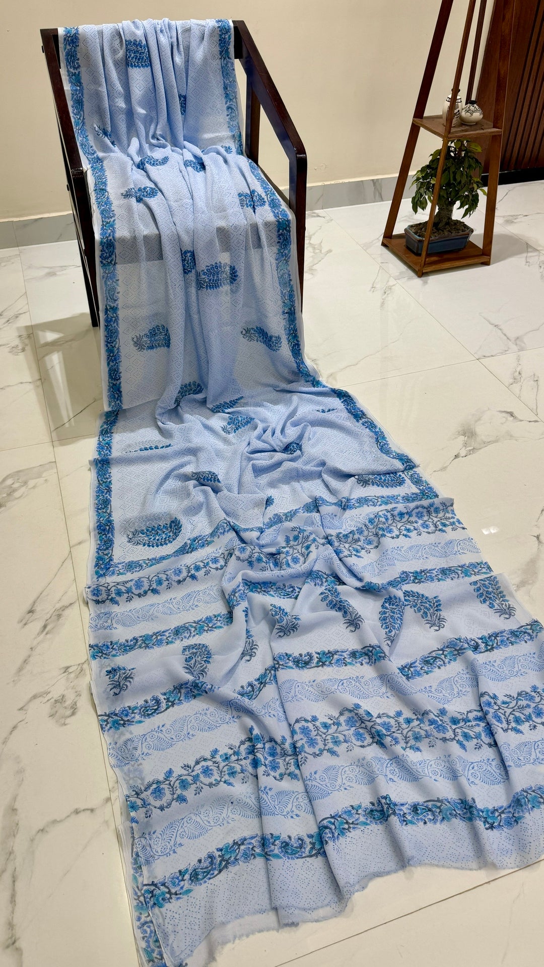 Powder Blue Paisley Handblock Printed Georgette Saree