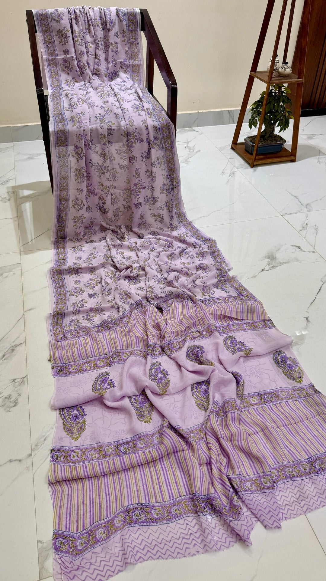 Lavender Floral Handblock Printed Georgette Saree with Striped Pallu