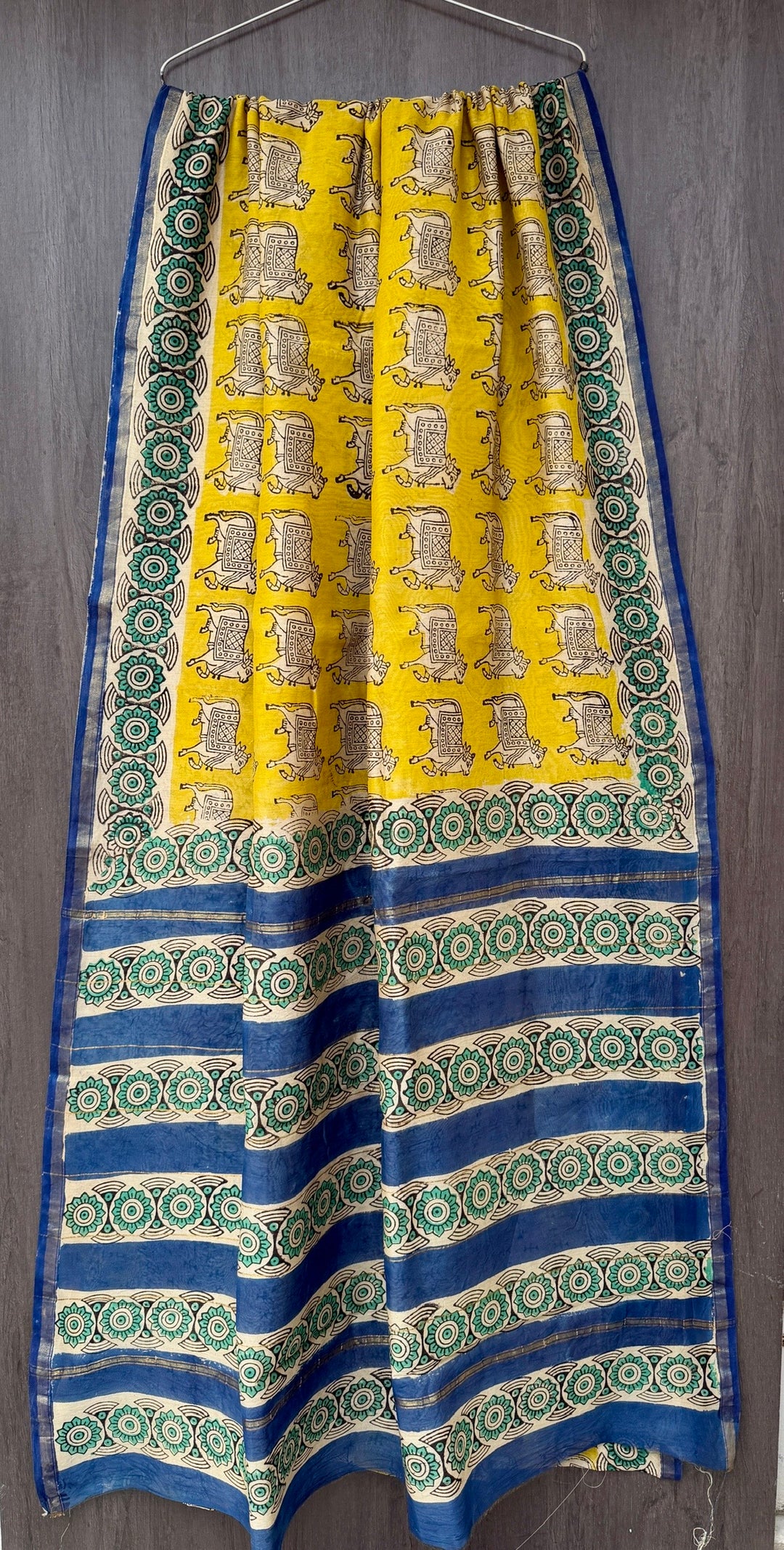 Yellow and Blue Chanderi Bagru Saree with Hand Block Printed Cow Motifs