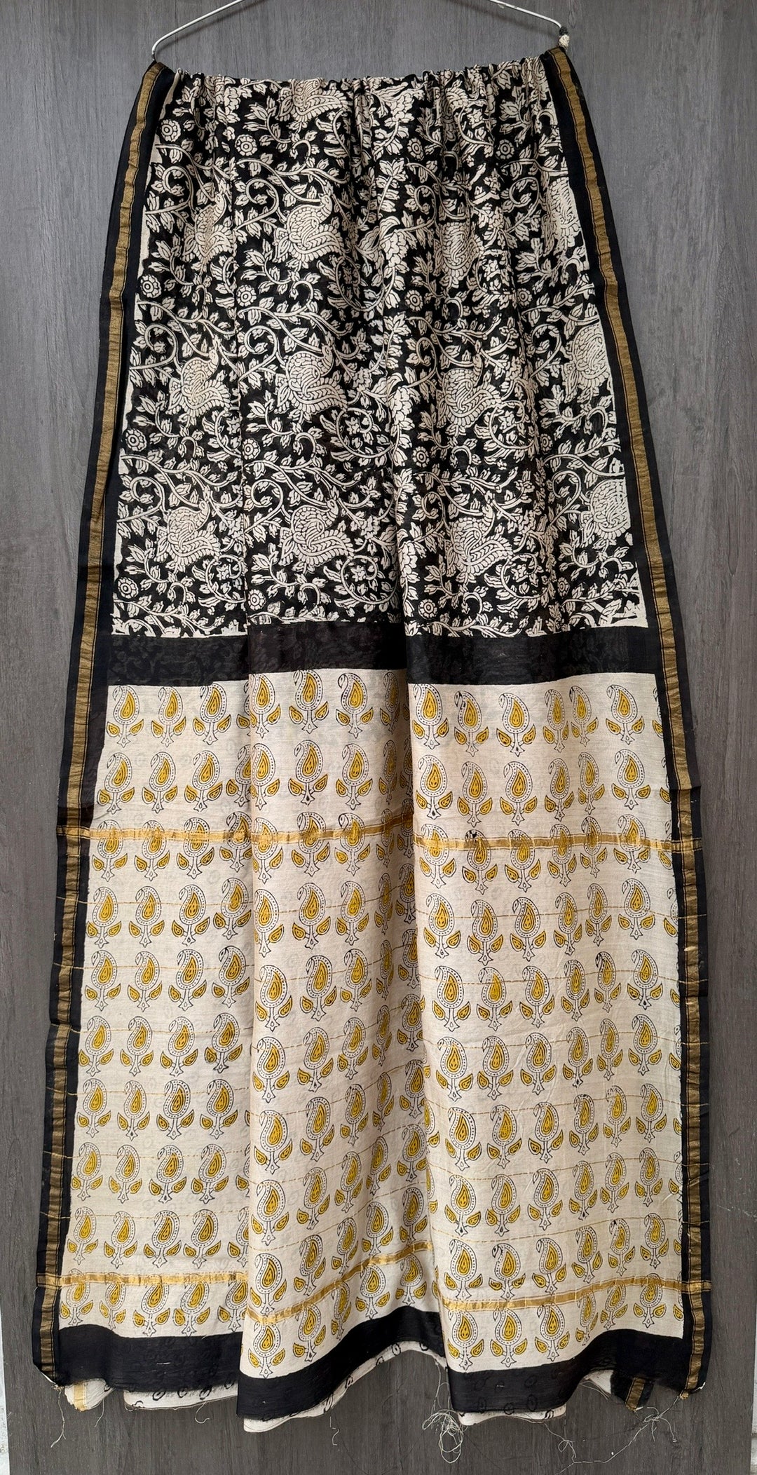 Hand Block Printed Black Chanderi Saree with Cream Paisley Booti Design