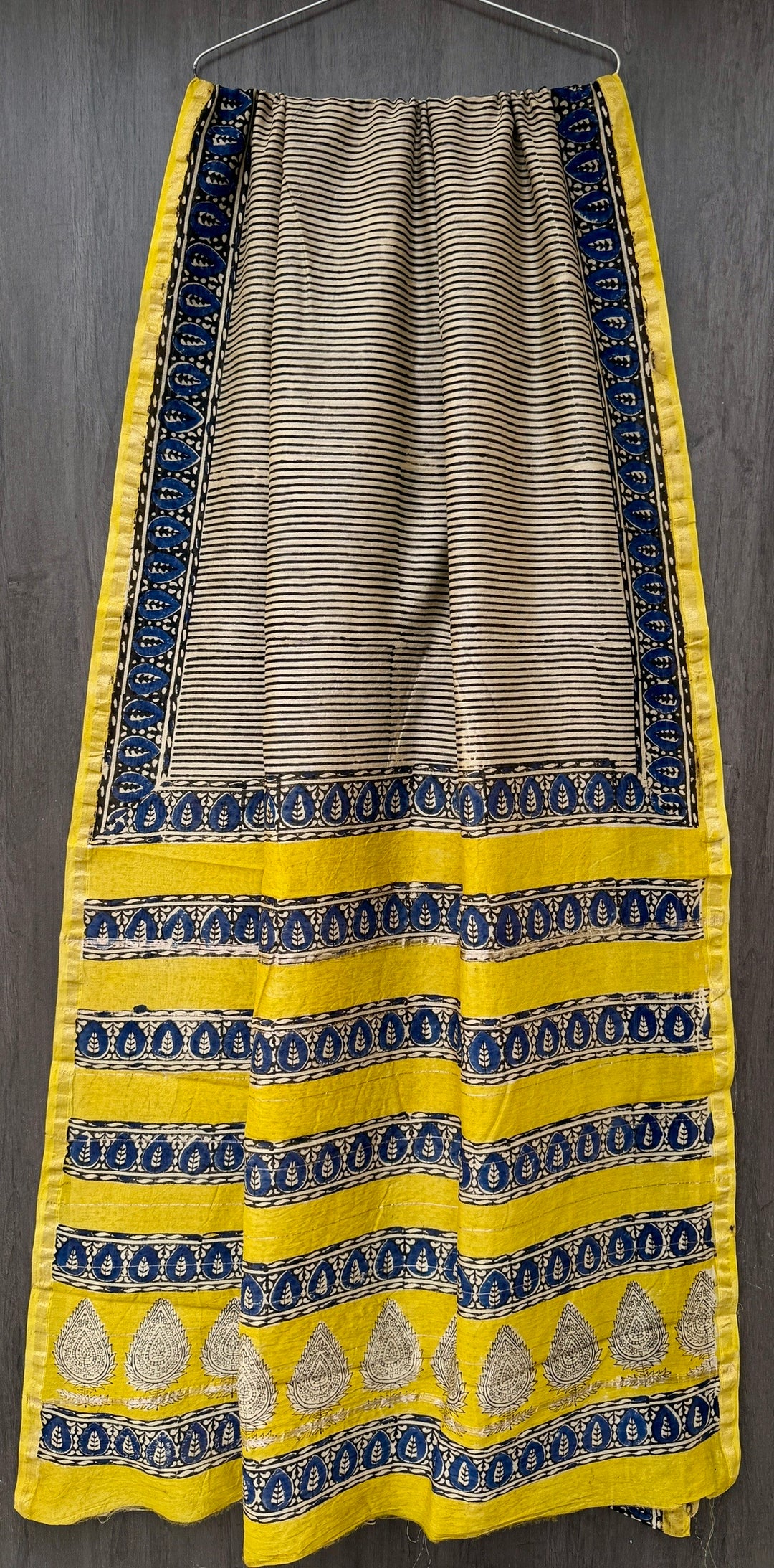 Mustard Yellow Hand Block Printed Chanderi Saree with Black Stripe Pattern
