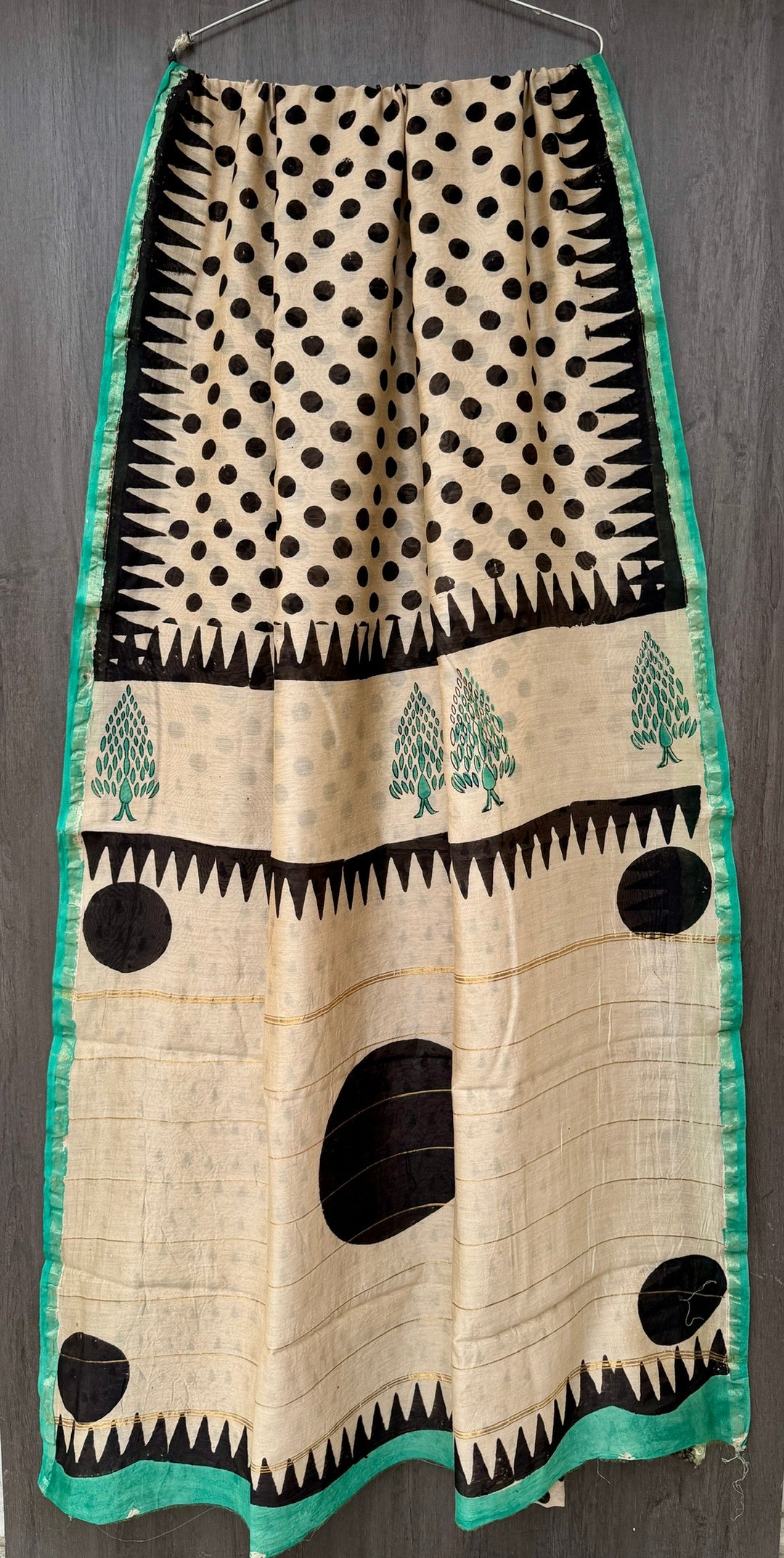 Cream Chanderi Silk Saree with Bold Black Polka Dots and Emerald Green Selvedge