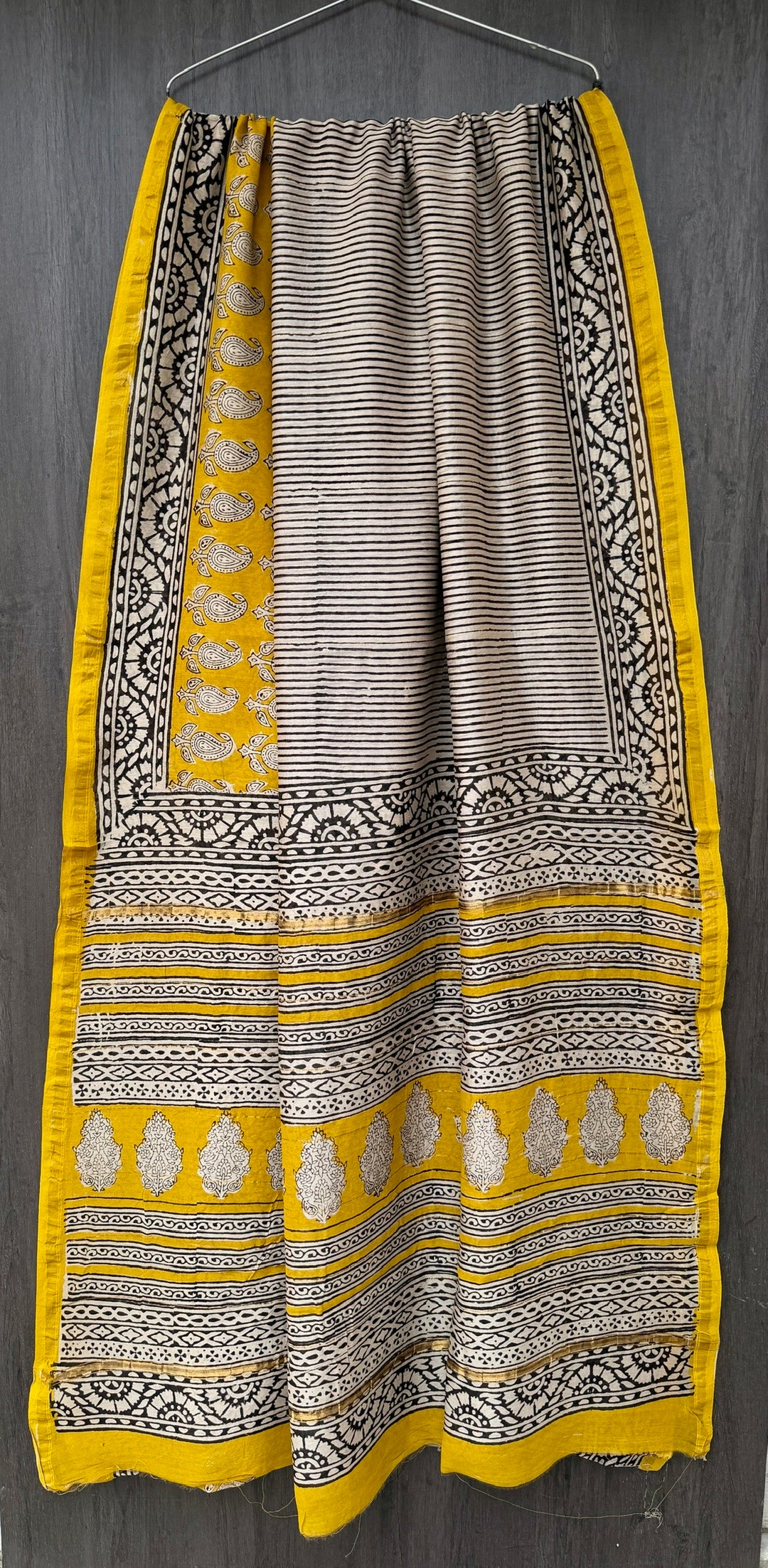 Hand Block Printed Yellow Chanderi Saree with Geometric Borders and Traditional Bootas