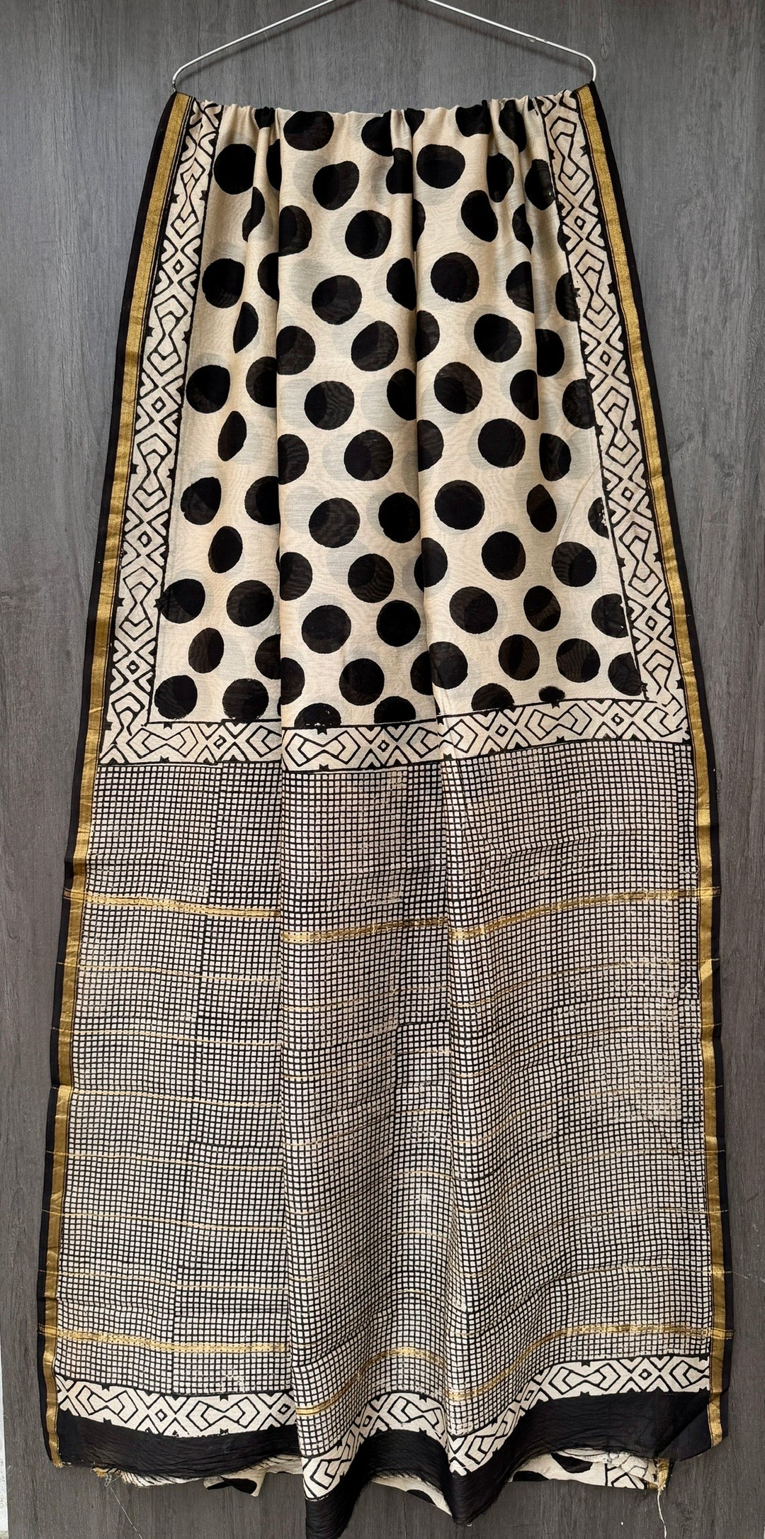 Off-White Chanderi Silk Saree with Big Black Polka Dots and Checked Block Print