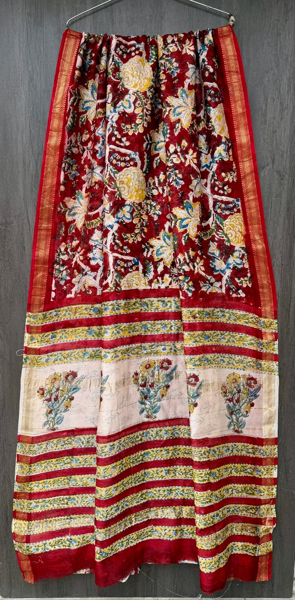 Crimson Red Pure Maheshwari Silk Handblock Printed Saree with Zari Border