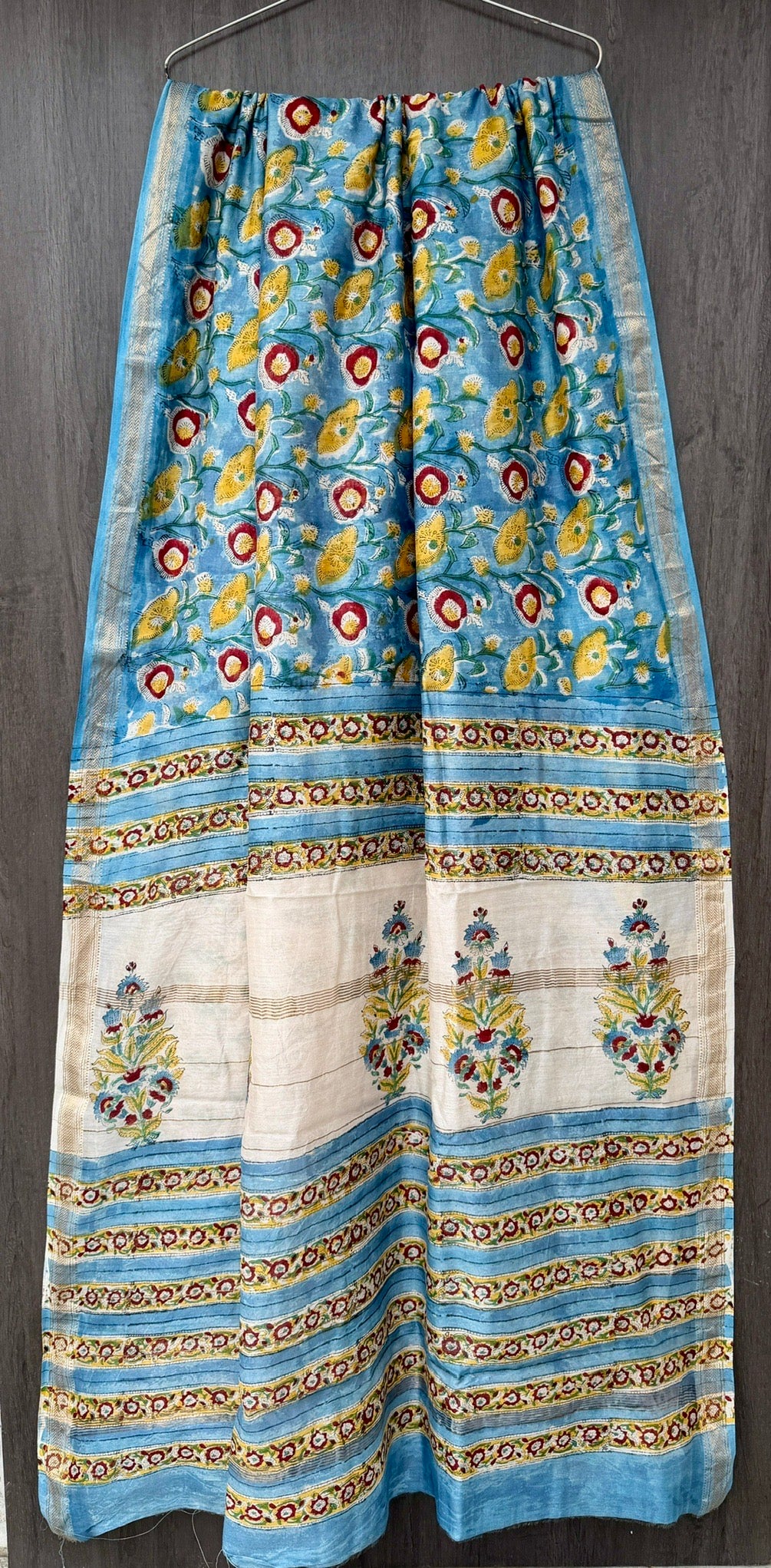 Cerulean Blue Pure Maheshwari Silk Handblock Printed Saree with Cream Pallu