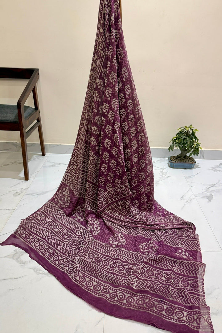 Plum Foliage Pattern Handblock Print Double Diamond Chiffon Saree