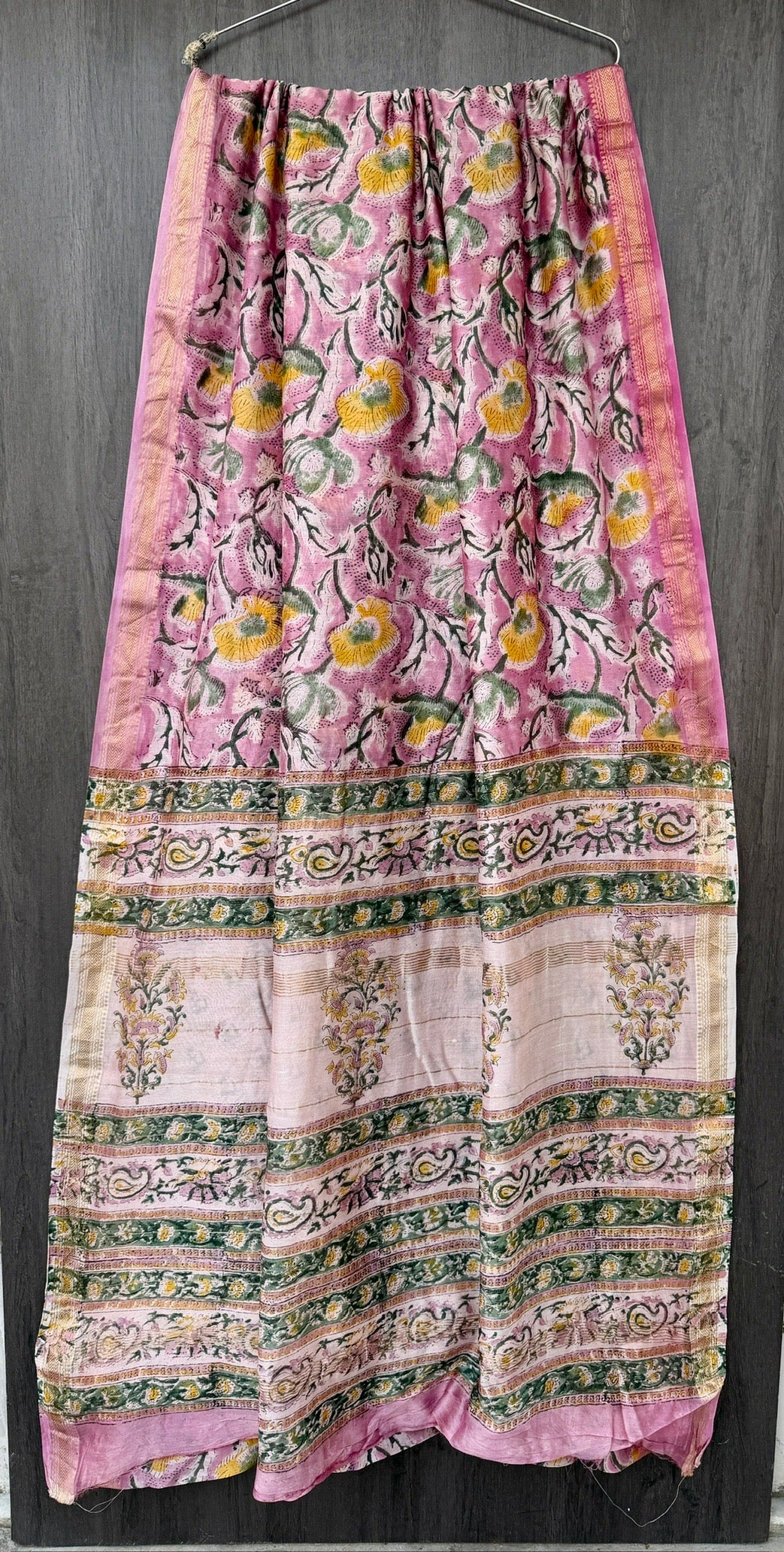 Pastel Pink Pure Maheshwari Silk Handblock Printed Saree with Sage Green Accents
