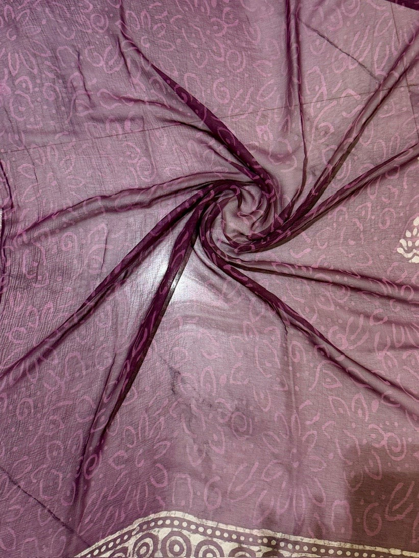 Plum Foliage Pattern Handblock Print Double Diamond Chiffon Saree