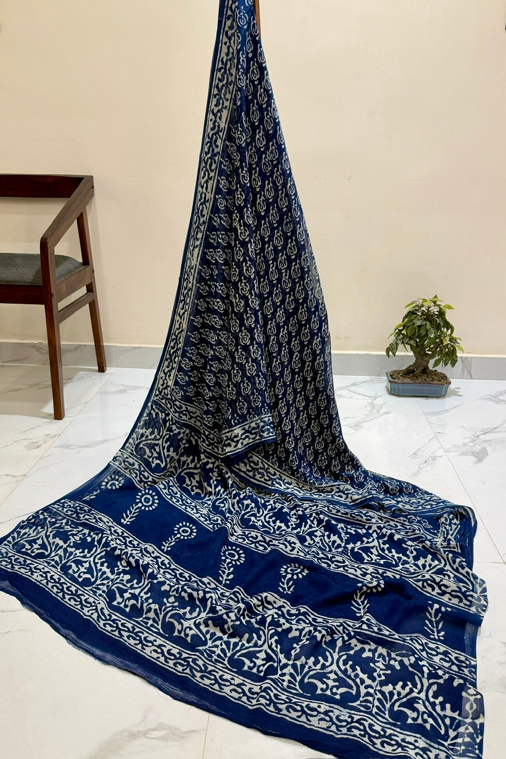 Indigo Azure Baroque Scroll Handblock Print Double Diamond Chiffon Saree