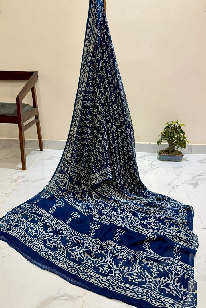 Indigo Azure Baroque Scroll Handblock Print Double Diamond Chiffon Saree