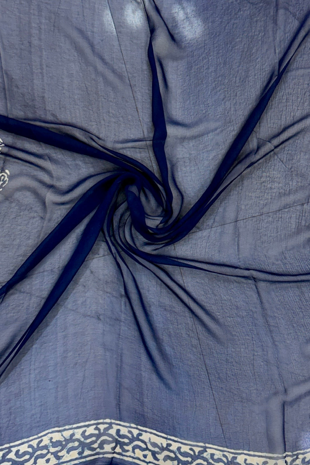 Indigo Azure Baroque Scroll Handblock Print Double Diamond Chiffon Saree